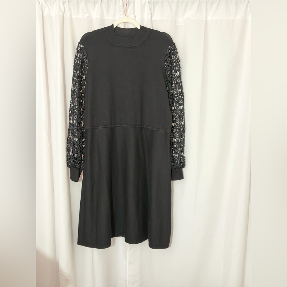 Nina Leonard Black Dress with Lace Sleeves